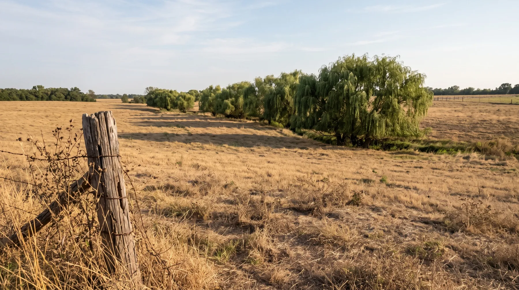 A line of willows across a dry pasture